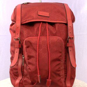 Gucci Red GG Nylon Backpack Leather Trim Authentic Designer Bag